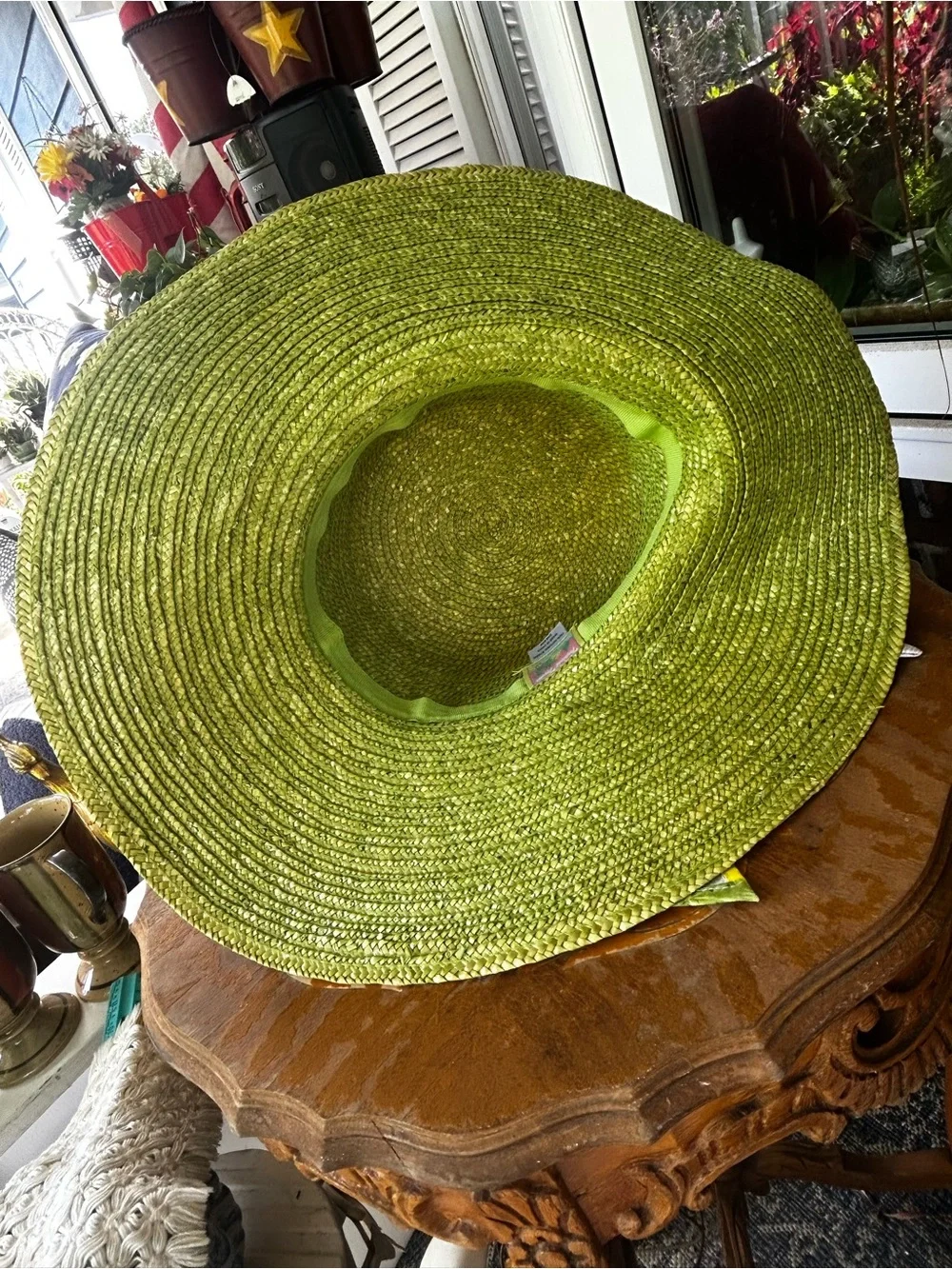 Sun Hat with Floral Tie - Yellow Green